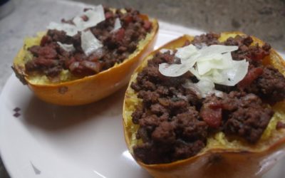 Spaghetti Squash Boats with Red Wine Beef Sauce